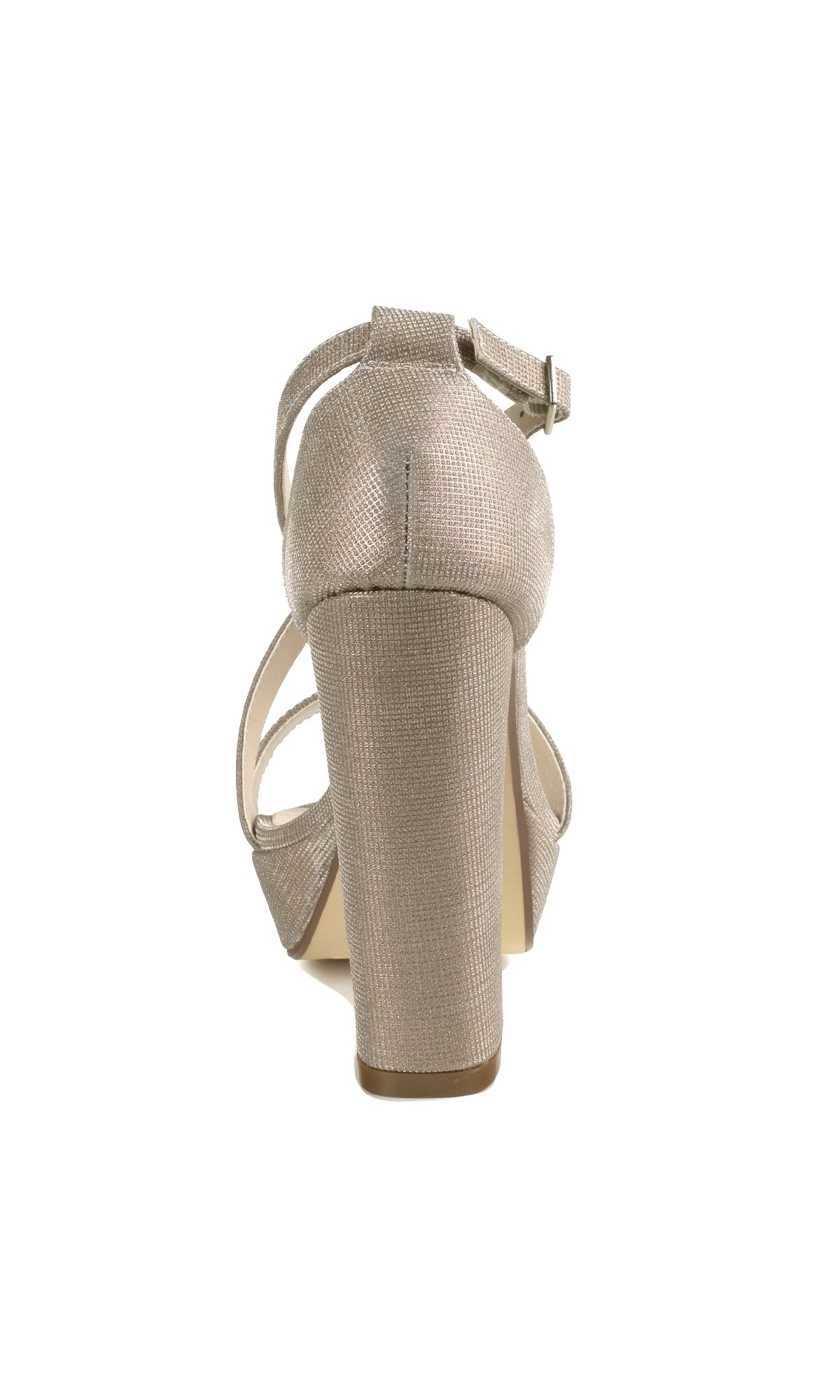 Back view of Chloe Champagne Shimmer Prom Shoes: Touch Ups 4648โa metallic high-heel sandal with ankle strap and chunky block heelsโphotographed against a white background. Perfect choice for prom!.